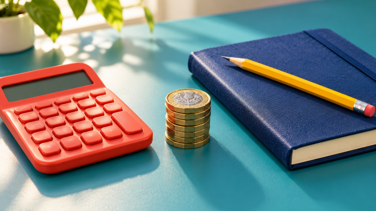 A calculator, pound coins and a course notebook representing the cost of ADHD coach training