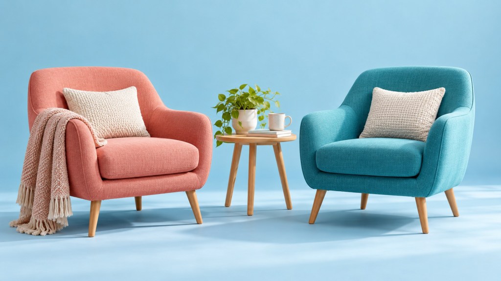 Coral and turquoise armchairs beside a small wooden table.