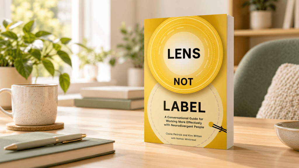 A yellow Lens Not Label book standing on a bright desk beside a plant and notebook.